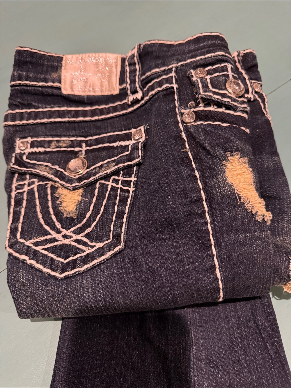 L.A. idol Dark Indigo Boot Cut Jeans with White Stitching